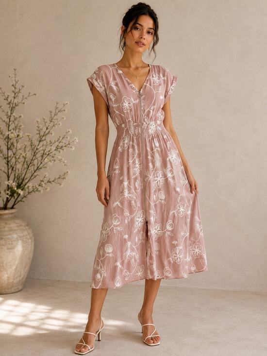 Kindred Dresses & Skirts - Kindred Embroidered Floral Midi Dress M Dusty Rose Zip Front Boho Cottagecore